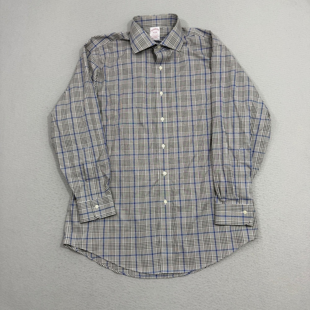 Brooks Brothers Shirt Mens 16-32 Blue Plaid Traditional Non-Iron Stretch Supima